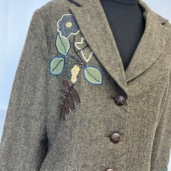 Vintage Dressbarn Wool Blend Blazer‎ Size 16 Brown Herringbone Floral Applique - Picture 3 of 9